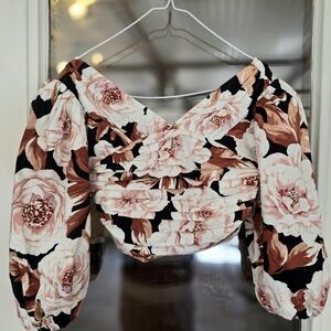 Express Puff Sleeve Floral Cropped Top Linen Xs